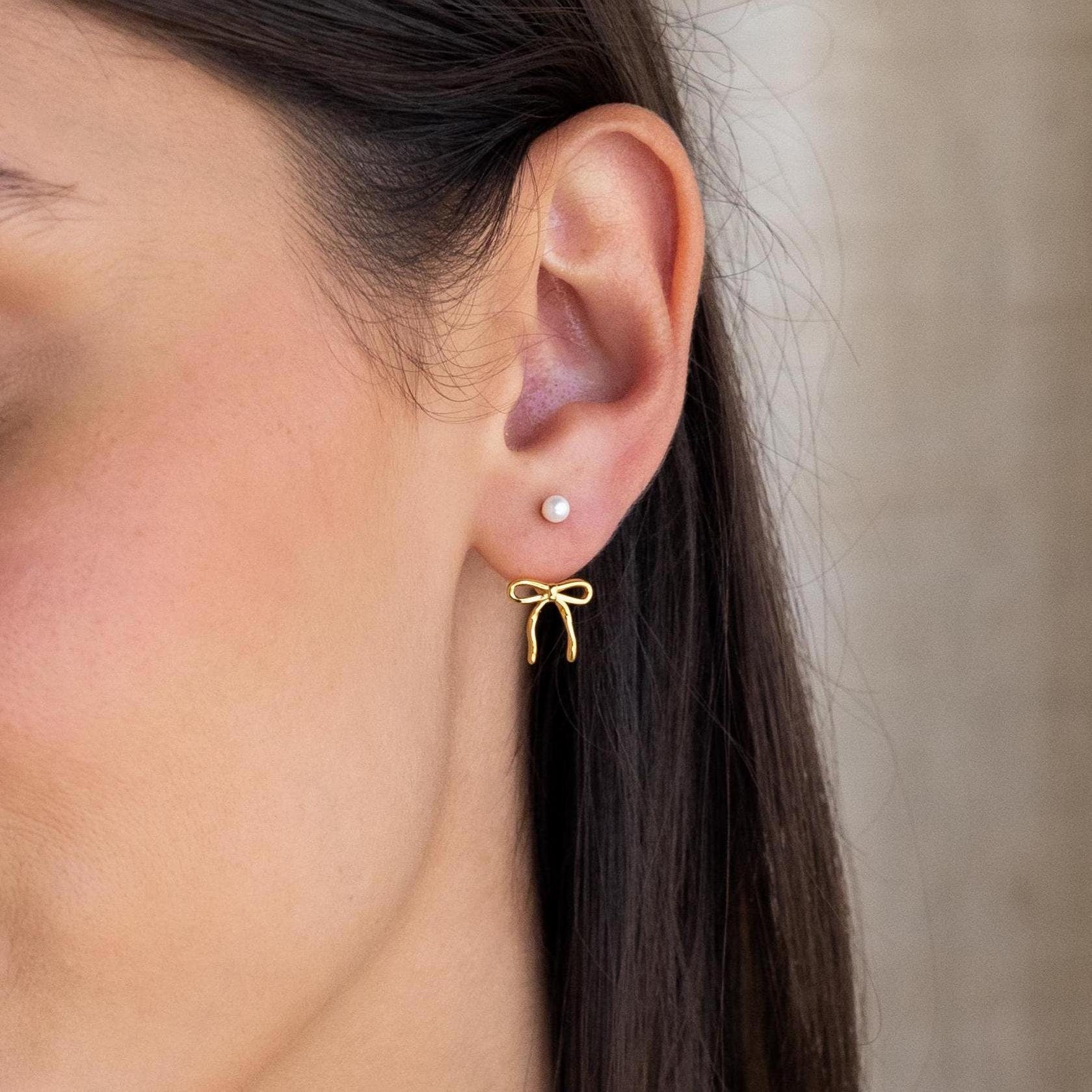 Pearl & Bow Ear Jackets in 18K Gold